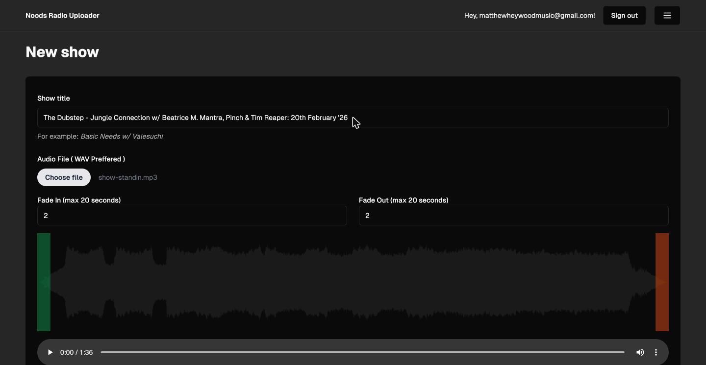 New show form: title, audio file, fade in and fade out controls over a waveform