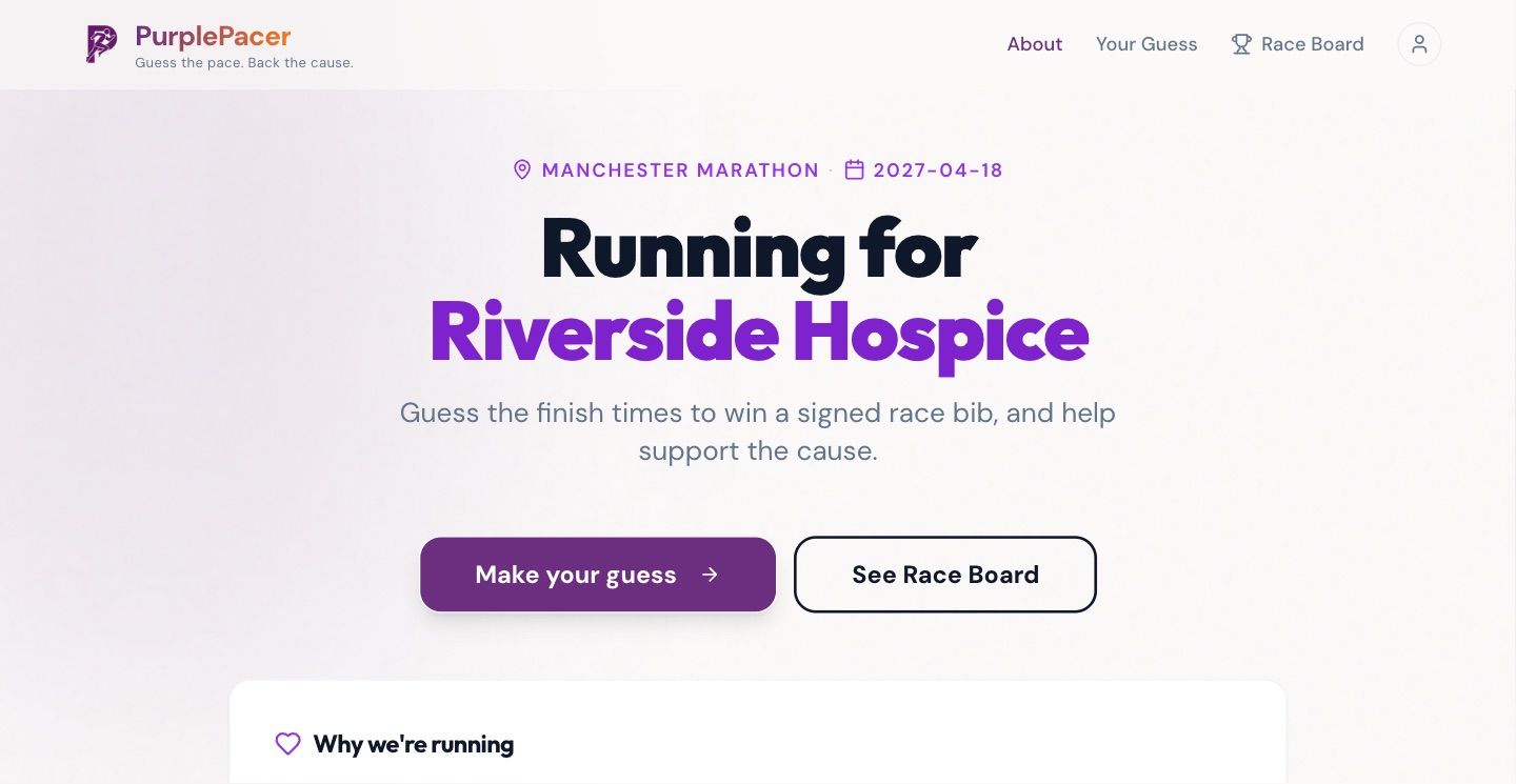 Campaign page headed "Running for Riverside Hospice" with buttons to make a guess or see the race board