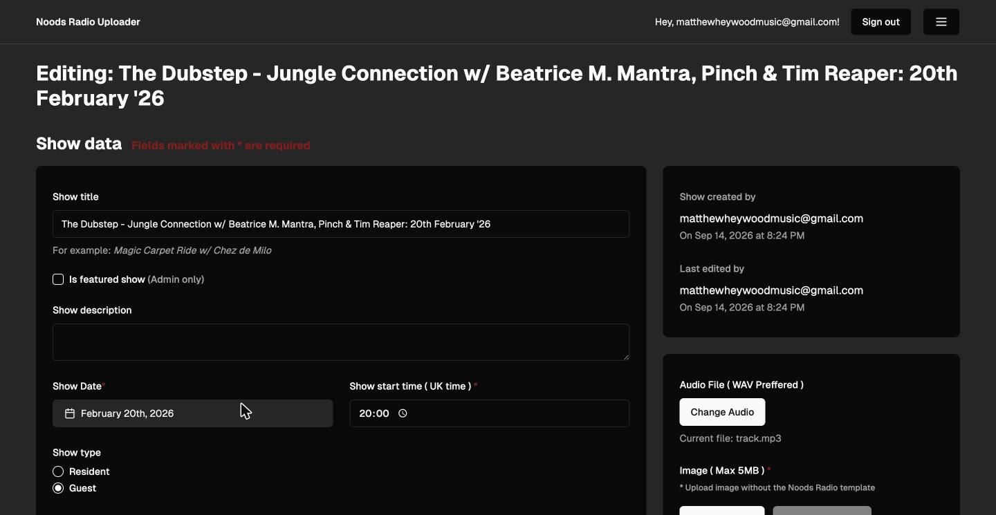 Show data form with title, date, start time, show type, guests and genres