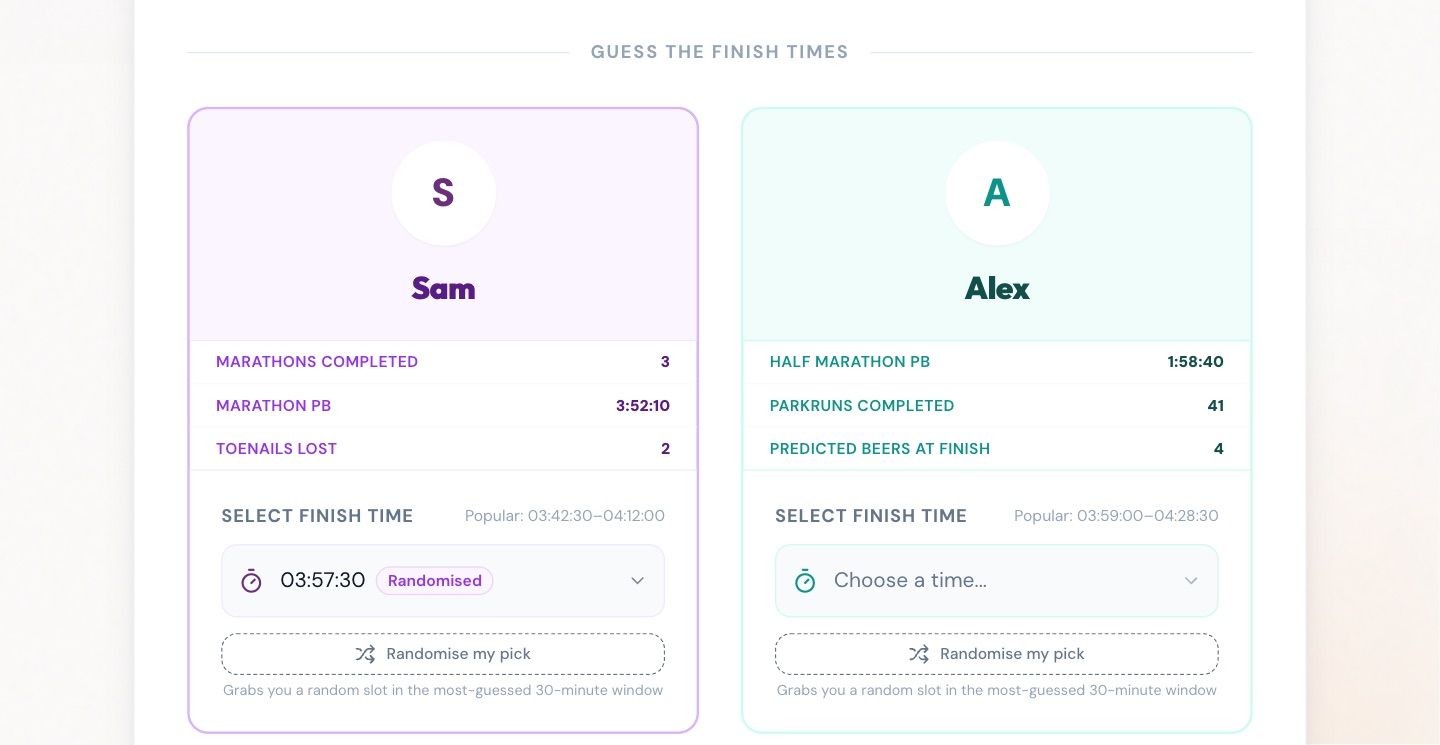 Guess form with a card per runner showing their stats and a finish-time picker, one set to a randomised time