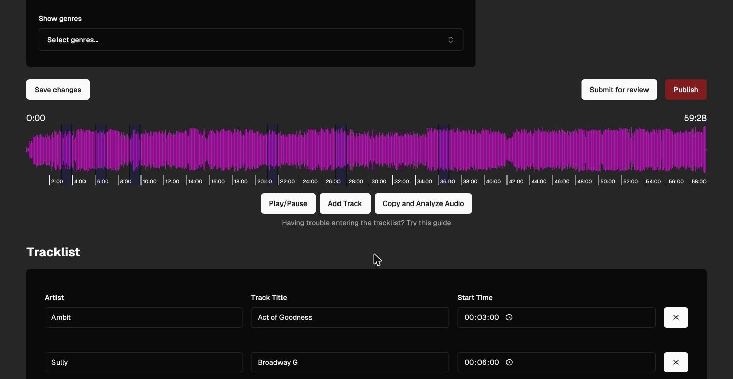 A 59-minute show waveform with sample regions marked every three minutes, and an auto-generated tracklist beneath it