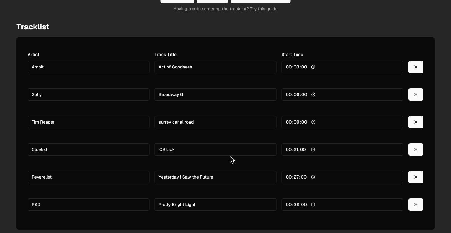 Editable tracklist with artist, title and start time for six identified tracks