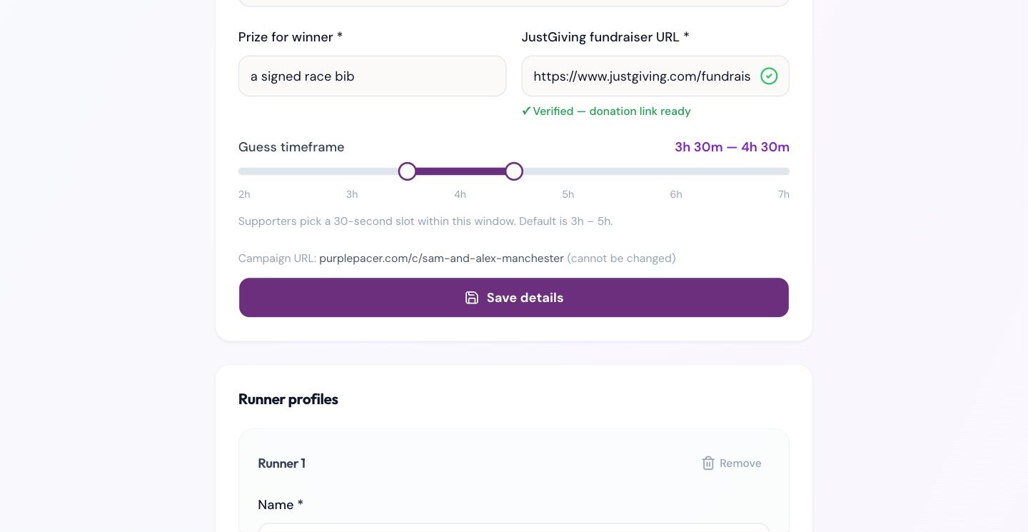 Campaign settings with prize, a verified JustGiving URL and a guess timeframe slider